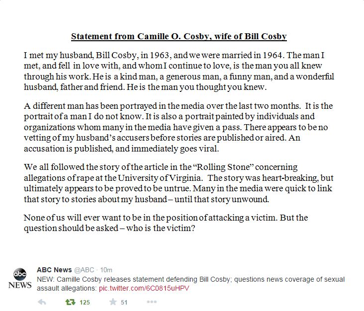 Camille  Cosby Statement via ABC News