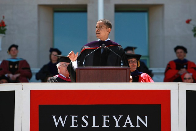 Sen. Barack Obama (D-IL) delivers the commencement address at Wesleyan University May 25, 2008 in Middletown, Connecticut. Obama is stepping in for Sen. Edward M. Kennedy, who was diagnosed this week with a cancerous brain tumor. (Photo by Spencer Platt/Getty Images)