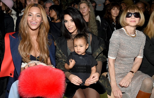  (L-R) Beyonce, Kim Kardashian with daughter North and Anna Wintour attend the adidas Originals x Kanye West YEEZY SEASON 1 fashion show during New York Fashion Week Fall 2015 at Skylight Clarkson Sq on February 12, 2015 in New York City. (Photo by Dimitrios Kambouris/Getty Images for adidas)