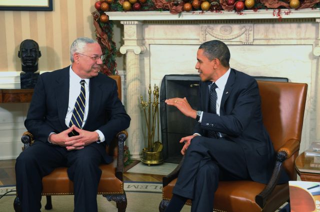 Former Chairman Joint Chiefs Of Staff Colin Powell Meets With President Obama and Vice President Biden In Oval Office