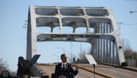 U.S. president Barack Obama speaks in front of the Edmund Pettus Bridge