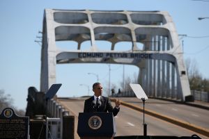 U.S. president Barack Obama speaks in front of the Edmund Pettus Bridge