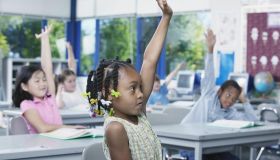 Young children sitting in a classroom at school with their hands raised