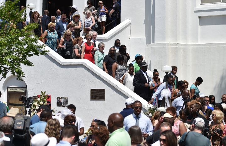 The congregation departs following Sunday services at the Emanuel AME Church in Charleston, South Carolina.