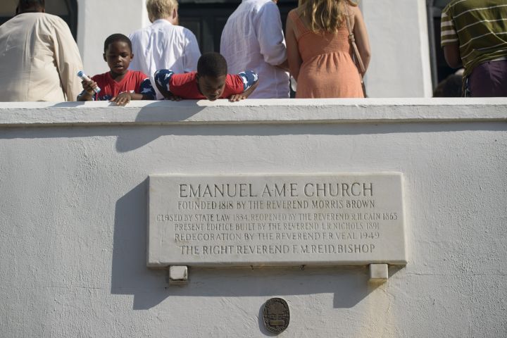 Two children wait to enter the Emanuel AME Church June 21, 2015 in Charleston, South Carolina.