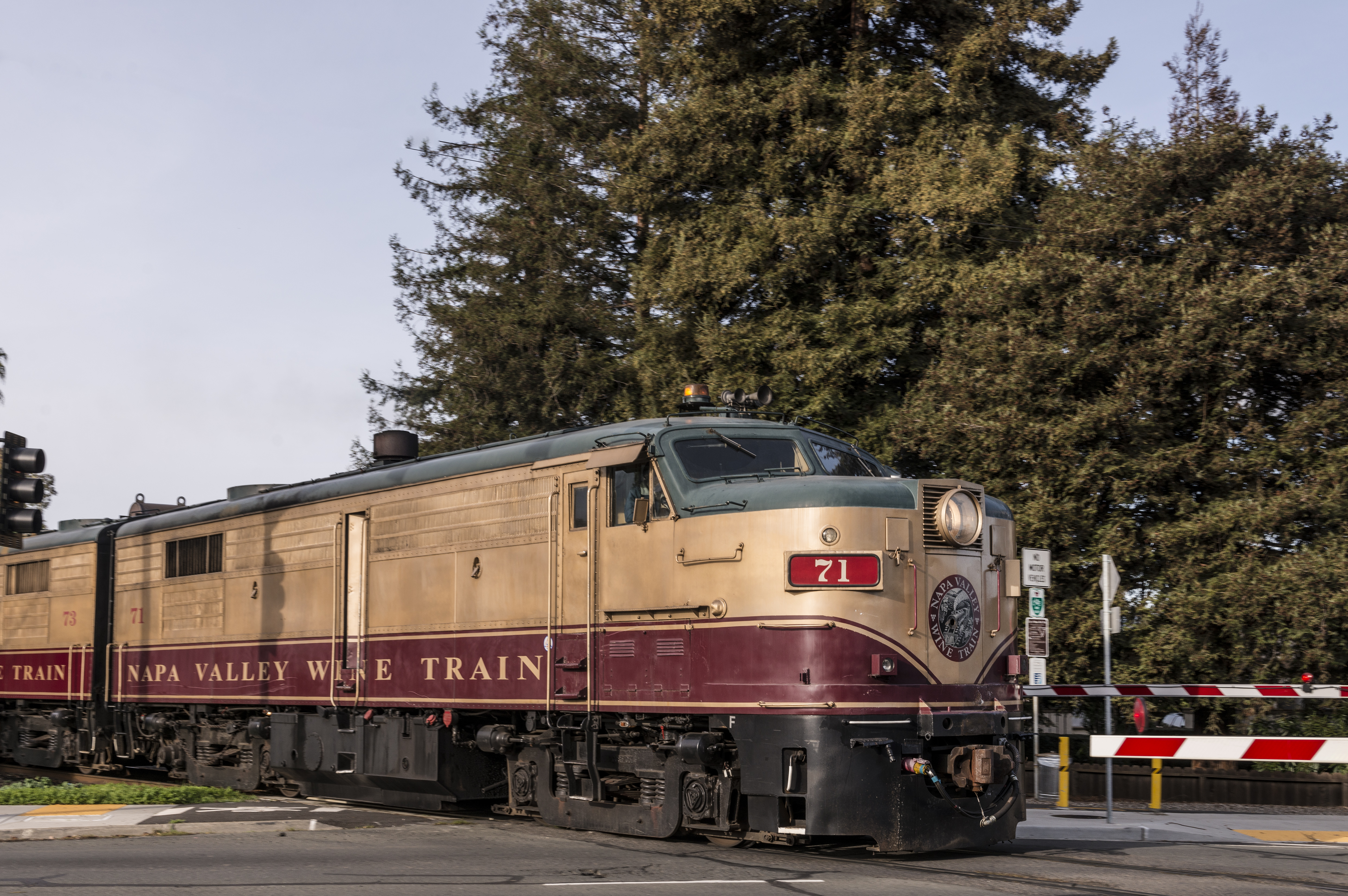 The Napa County wine train offers lunch and wine tasting aboard vintage coaches, and stops for one o