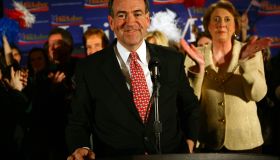 Former Arkansas Gov. Mike Huckabee with his wife, Janet, gives his acceptance speech Thursday night
