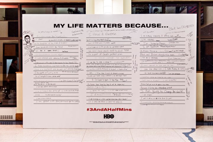 The interactive “My Life Matters Because” Art Wall inside the Schomburg Center in Harlem