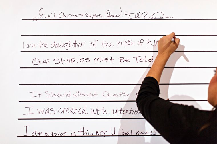 The interactive “My Life Matters Because” Art Wall inside the Schomburg Center in Harlem