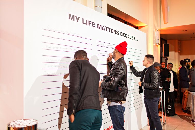The interactive “My Life Matters Because” Art Wall inside the Schomburg Center in Harlem