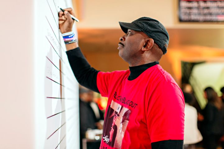 The interactive “My Life Matters Because” Art Wall inside the Schomburg Center in Harlem