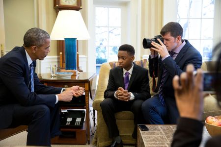 FEBRUARY: President Barack Obama talks with 13-year-old student Vidal Chastanet as “Humans of New York” founder Brandon Stanton photographs during a blog interview in the Oval Office. Obama was greatly inspired by Chastanet’s comments on the popular “Humans of New York” Instagram page, where he shared his troubles finding courage in school and and life despite living in a dangerous area of Brooklyn, NY.