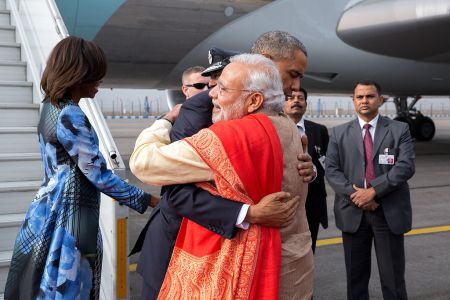 JANUARY: President Obama greets Prime Minister Narendra Modi upon arrival at Air Force Station Palam in New Delhi, India.