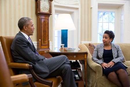 APRIL: Obama speaks with newly appointed Attorney General Loretta Lynch in the Oval Office.
