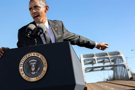 MARCH: President Barack Obama delivers remarks during the event to commemorate the 50th Anniversary of Bloody Sunday and the Selma to Montgomery civil rights marches at the Edmund Pettus Bridge in Selma, Ala.