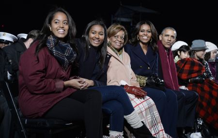 DECEMBER: All grown up! The First Family, including Obama’s mother-in-law Marian Robinson, is seen at the White House’s national Christmas tree lighting ceremony on Dec. 2.