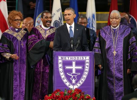 JUNE: President Obama sings “Amazing Grace” during the eulogy for South Carolina state senator and Rev. Clementa Pinckney during Pinckney’s funeral service. Clementa was one of the nine victims who died after suspected shooter Dylann Roof entered the AME church and opened fire.