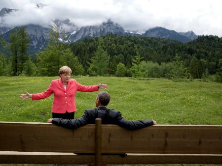 JUNE: President Obama and German Chancellor Angela Merkel are seen talking during the president’s trip to the G7Summit in Bavaria, Germany.