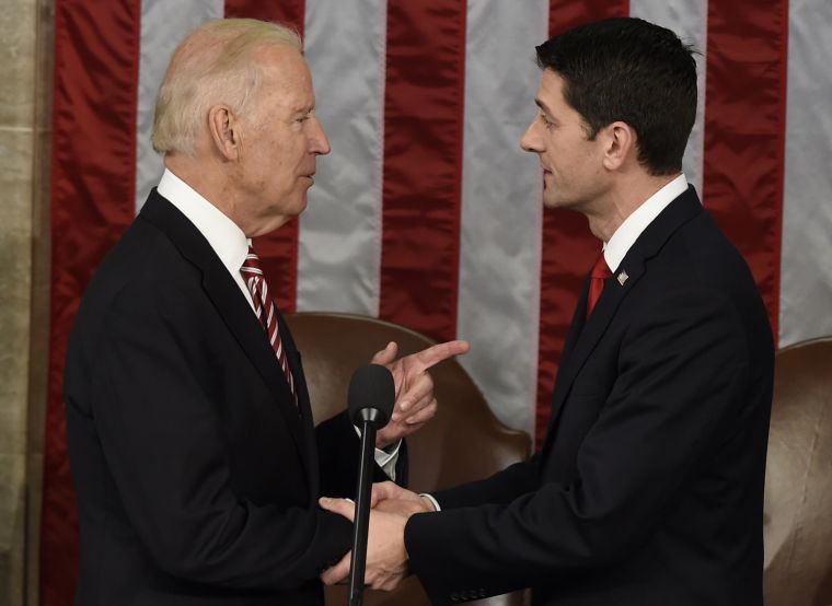 Vice President Joe Biden and House Speaker Paul Ryan greet at President Obama’s final State of the Union address.