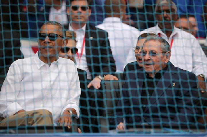President Obama And President Castro Talk At An Exhibition Baseball Game