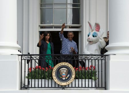 Michelle And Barack Obama Greet Guests With The Easter Bunny