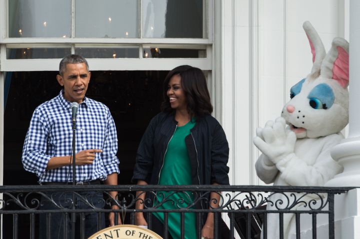Michelle And Barack Obama Greet Guests With The Easter Bunny.