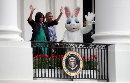 Michelle And Barack Obama Greet Guests With The Easter Bunny