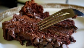Close-Up Of Chocolate Cake Slice Served In Plate