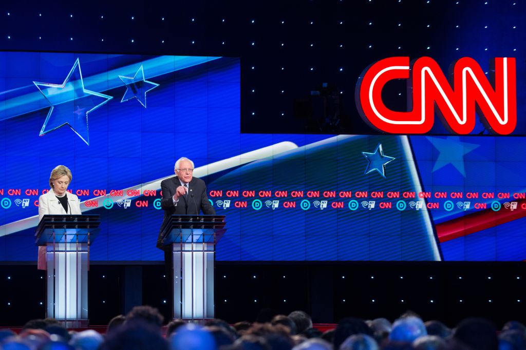 Hillary Clinton and Bernie Sanders at CNN during the...