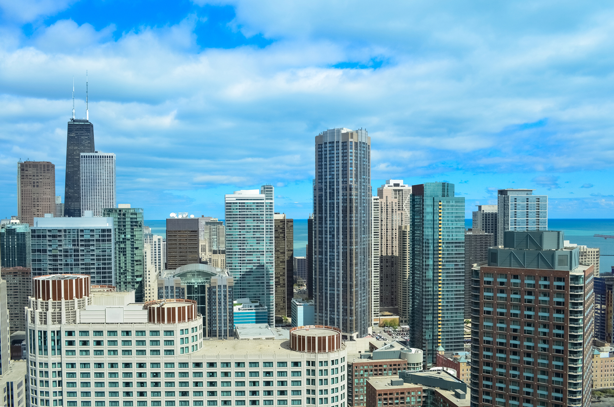 Chicago skyline with skyscrapers, John Hancock center and lake Michigan in Illinois, USA