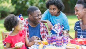 African American mixed race family at July 4th picnic
