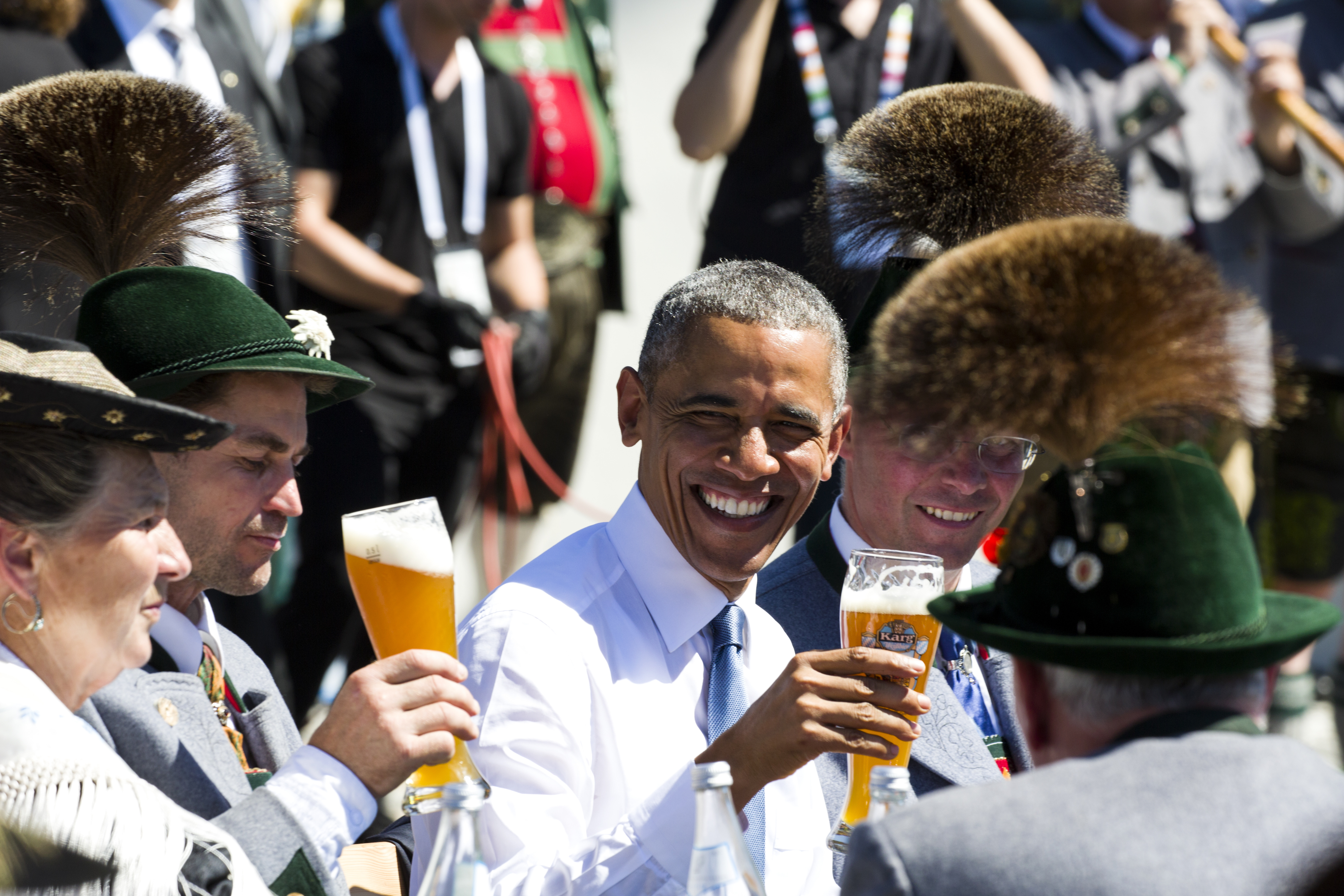 German Chancellor Angela Merkel welcomes US President Obama at the town hall of the village Krün