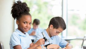 Cheerful African American elementary schoolgirl works on science project