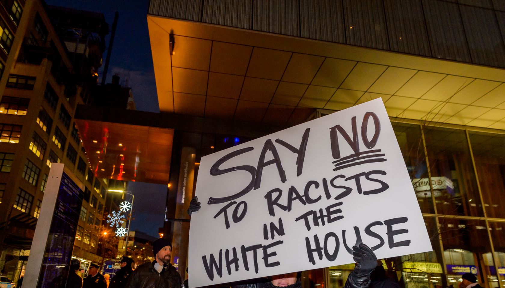 A legal, nonviolent demonstration was held in front of Trump...