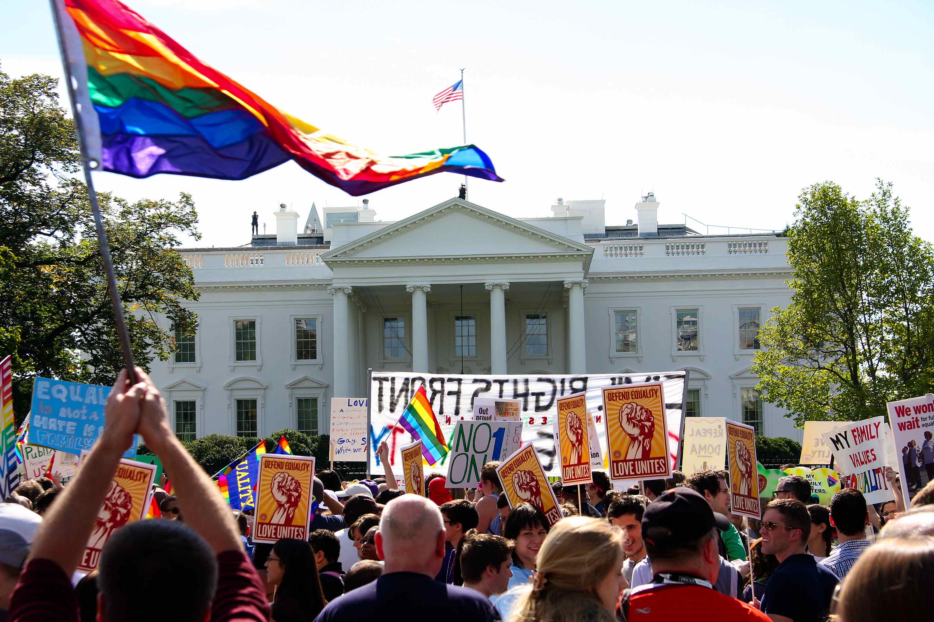 Demonstrators wave flags and banners in