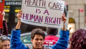 Outside Trump Tower in New York, health care justice...