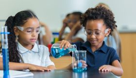 African American STEM school students in science class