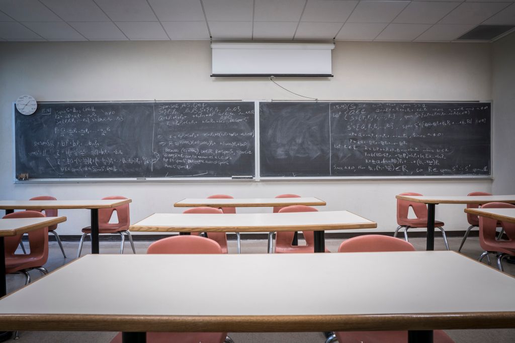 Equations on blackboard in empty classroom