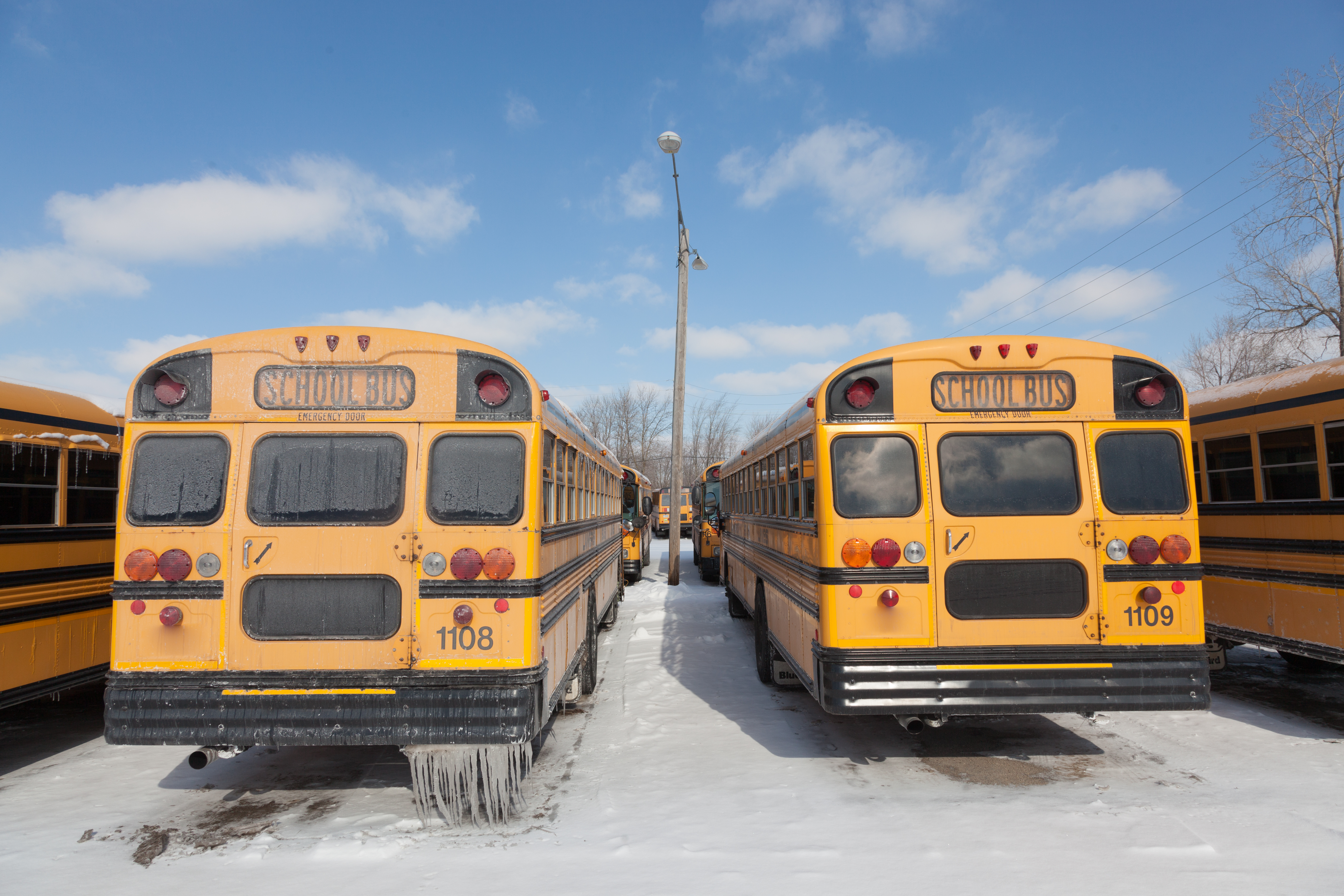 American yellow style school buses in winter