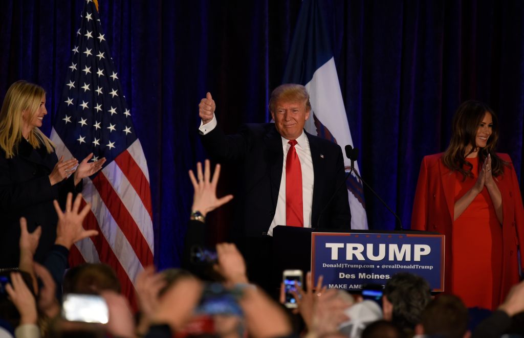 Donald Trump holds a Caucus night rally in West Des Moines, Iowa.