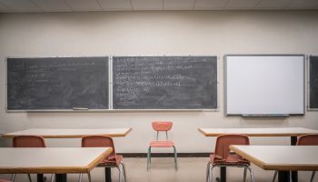 Equations on blackboard in empty classroom