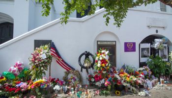 Famous Emanuel A.M.E. Church in Charleston South Carolina flowers and messages and signs left after murder of 9 people