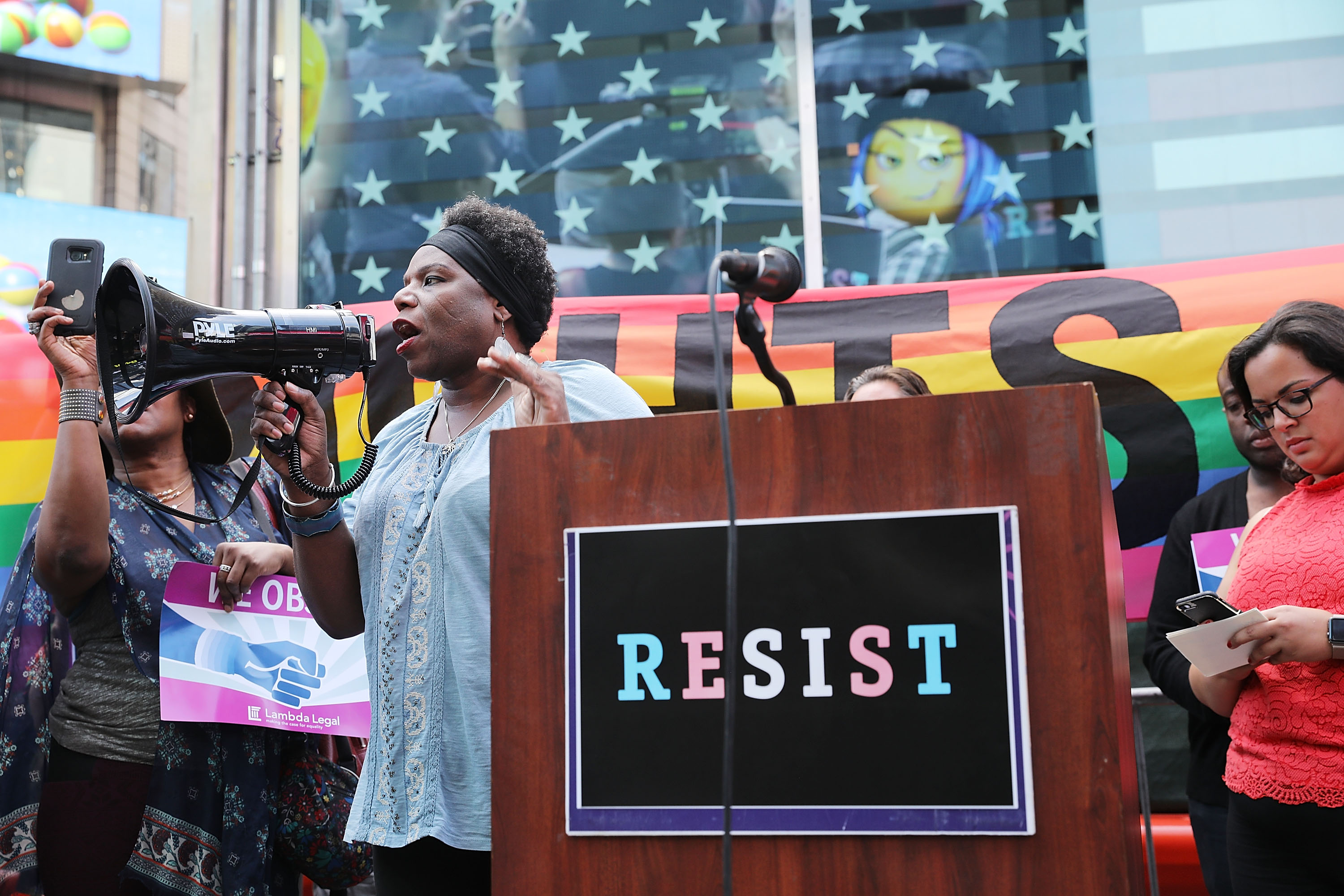 Anti-Trump Protesters Demonstrate In Times Square Against Trump Announcement Of Banning LGBT Service Members
