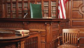 INTERNAL OF A COURTROOM WITH FLAG IN BOSTON, MASSACHUSETTS