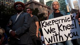 Rally In Support Of NFL Quarterback Colin Kaepernick Outside The League's HQ In New York