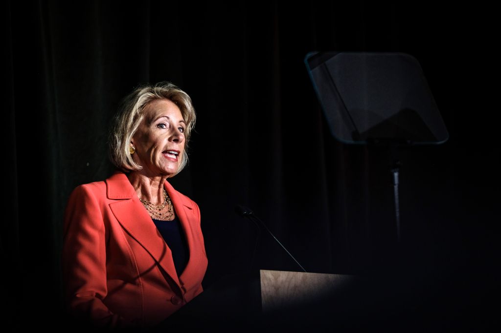 U.S. Education Secretary Betsy DeVos announces changes in federal policy on rules for investigating sexual assault reports on college campuses in at The George Mason University Antonin Scalia Law School in Arlington, Virginia...