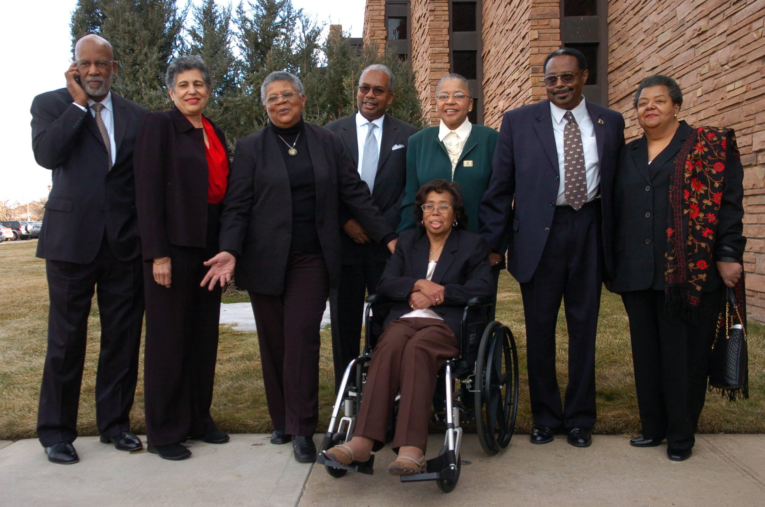 (HR) ABOVE: Eight of the nine members of the LIttle Rock Nine posed for photographers outside Congregation Emanuel before the interfaith service. They are from left to right: Terrence Roberts Carlotta Walls LaNier , Minnijean Brown Trickey J