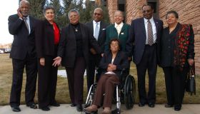 (HR) ABOVE: Eight of the nine members of the LIttle Rock Nine posed for photographers outside Congregation Emanuel before the interfaith service. They are from left to right: Terrence Roberts Carlotta Walls LaNier , Minnijean Brown Trickey J