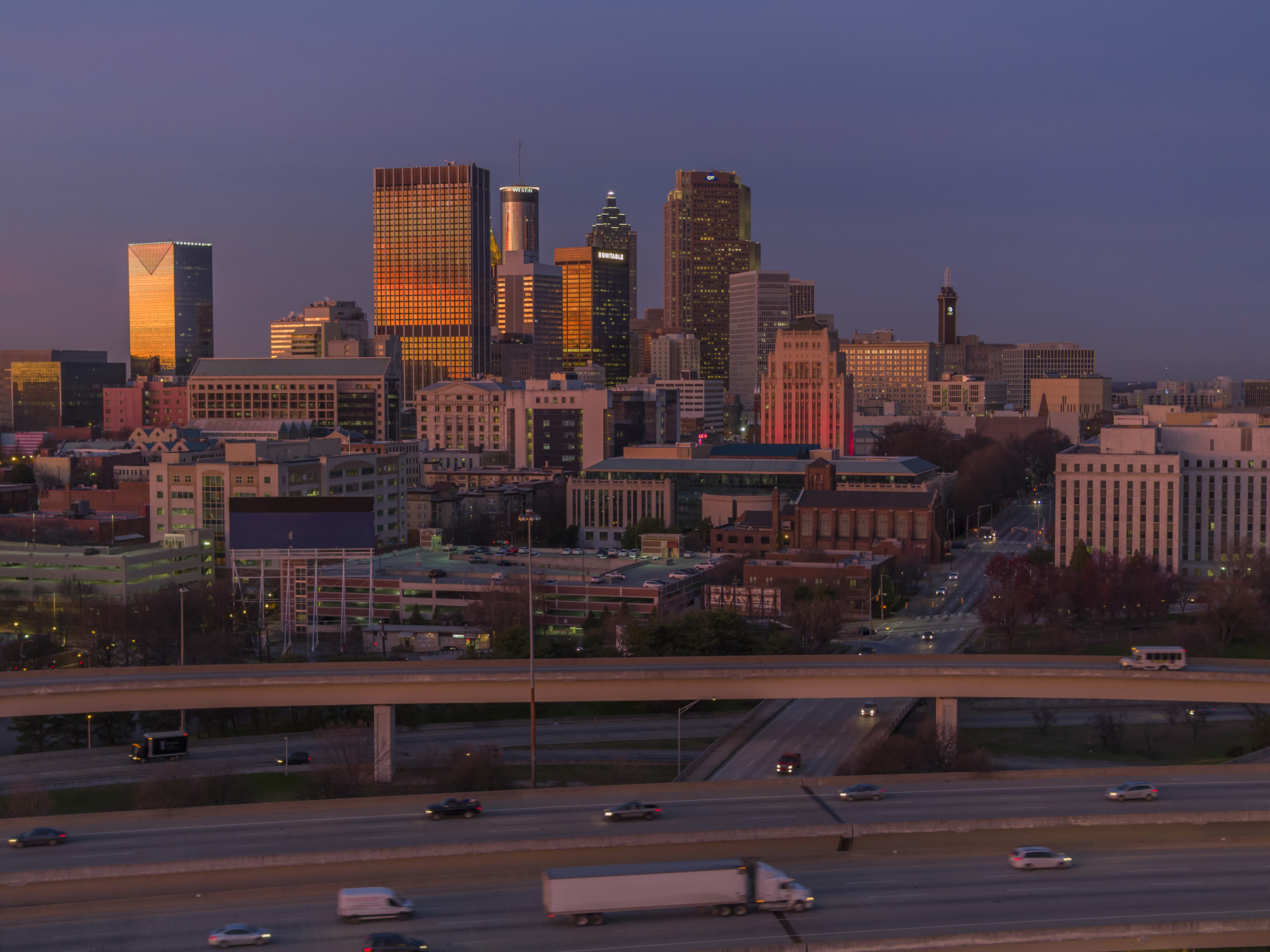 Atlanta cityscape and city street at dusk