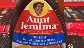 Aunt Jemima Syrup label in bottle. Aunt Jemima is a brand of...